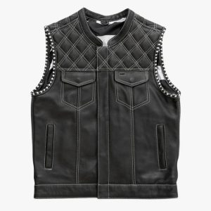 SOA Style Leather Club Vest with White Lace Braided Armholes Motorcycle Biker Vest