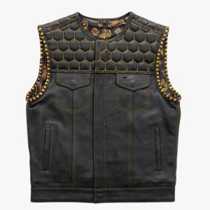 SOA Style Leather Club Vest with Yellow Stitch Quilted Biker Vest