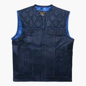 Leather Club Vest with Blue Lace Shoulder Stitching for Motorcycle Riders