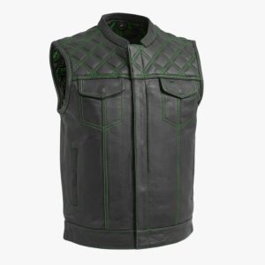 Leather Club Vest with Green Lace Stitching Motorcycle Biker Vest