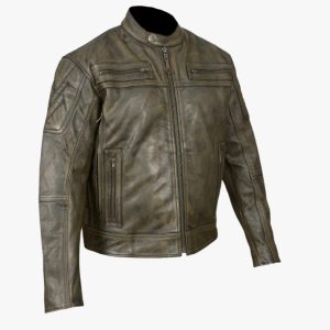 Distressed brown leather scooter motorcycle jacket with vents and padded arms