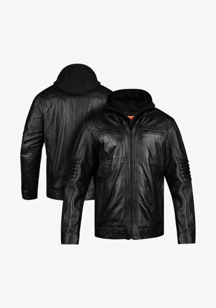 Straight Fashion Leather Motorcycle Jacket with Removable Hood