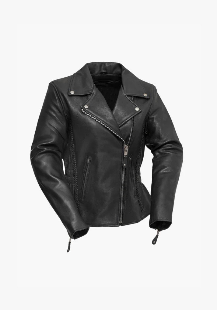 Ladies Premium Cowhide Braid and Stud Motorcycle Leather Jacket